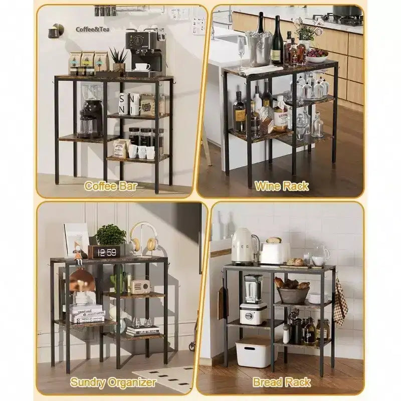 Supporto per forno a microonde da cucina a 4 ripiani, stazione bar per caffè regolabile, scaffale da fornaio per piccoli elettrodomestici con 4 ganci, 5 scomparti