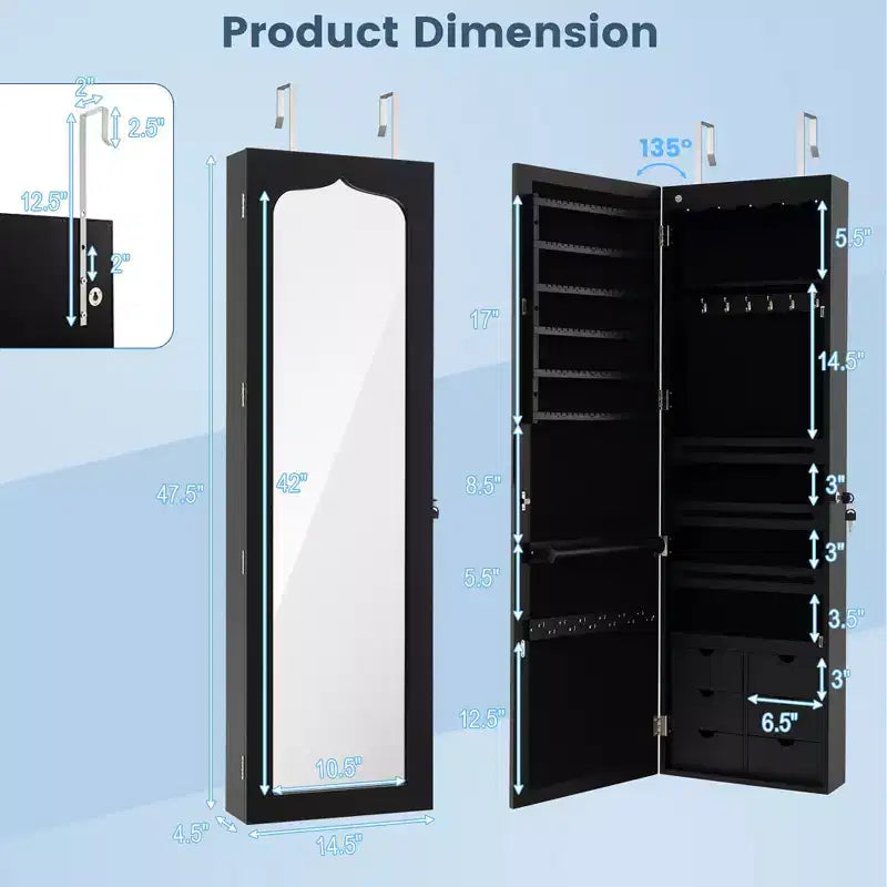 Specchiera Portagioie a LED da Parete/Porta - Armadietto Chiudibile a Chiave con 6 Cassetti, Nero