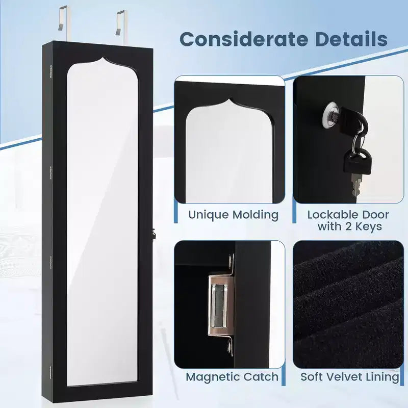 Specchiera Portagioie a LED da Parete/Porta - Armadietto Chiudibile a Chiave con 6 Cassetti, Nero