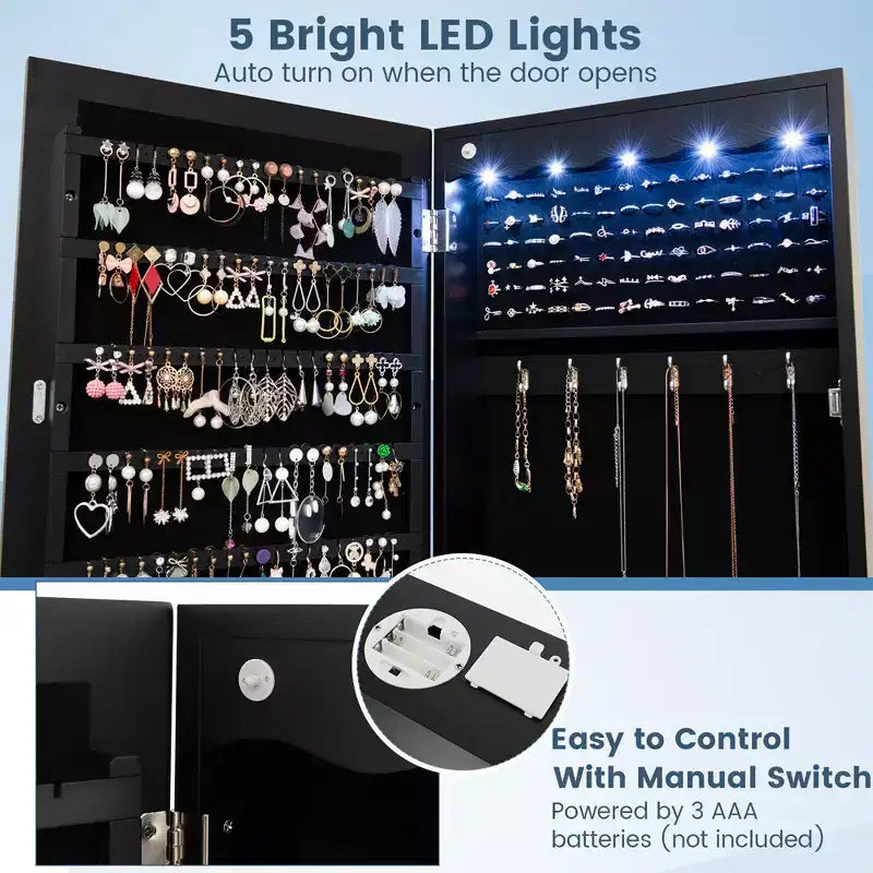 Specchiera Portagioie a LED da Parete/Porta - Armadietto Chiudibile a Chiave con 6 Cassetti, Nero