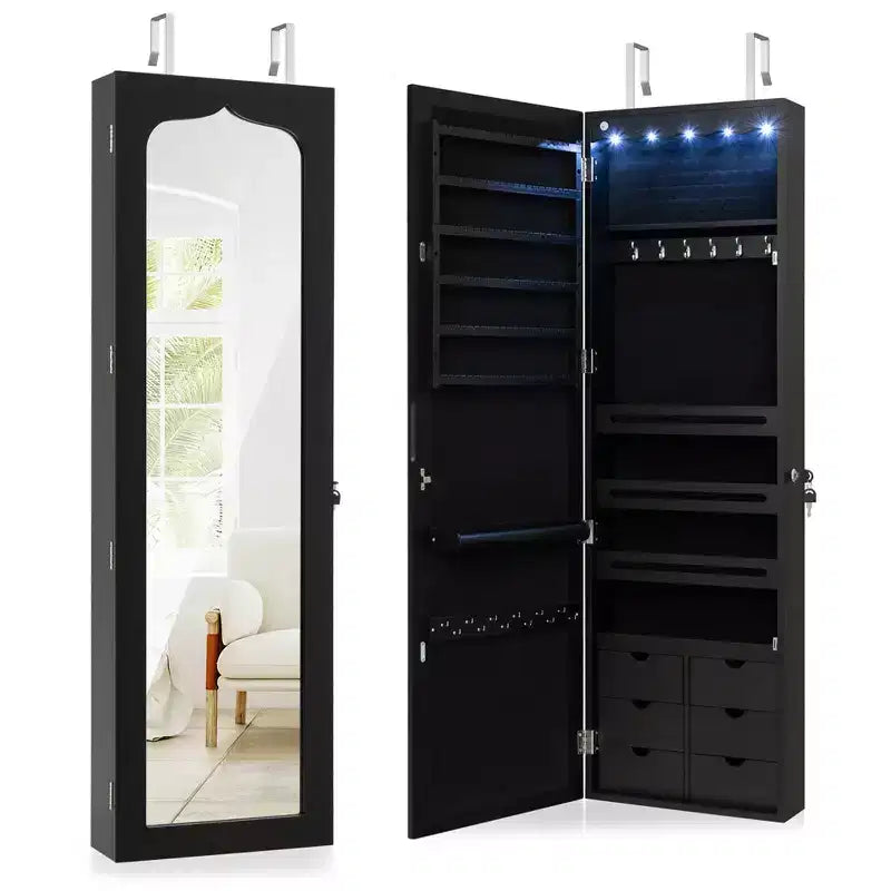 Specchiera Portagioie a LED da Parete/Porta - Armadietto Chiudibile a Chiave con 6 Cassetti, Nero