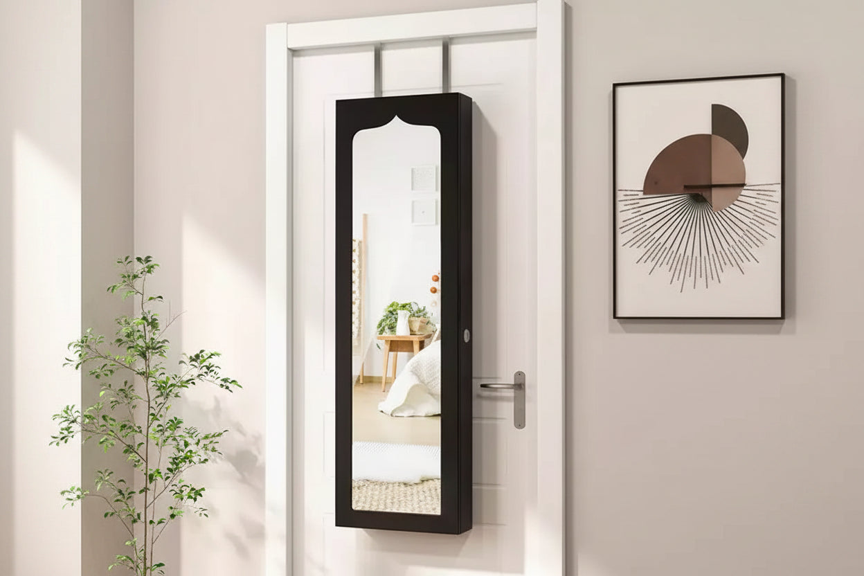 Specchiera Portagioie a LED da Parete/Porta - Armadietto Chiudibile a Chiave con 6 Cassetti, Nero
