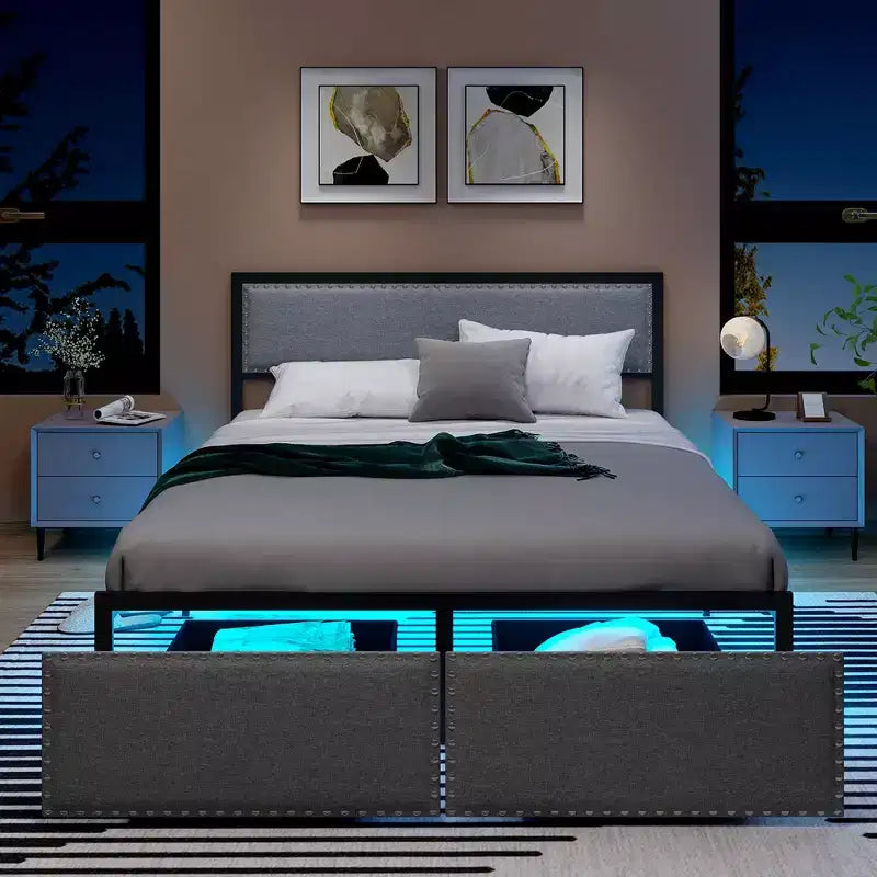 Letto a piattaforma Queen Size con luci LED RGB e 2 cassetti portaoggetti - Grigio moderno