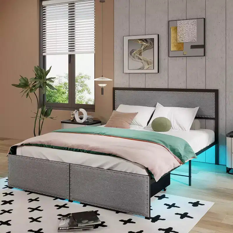 Letto a piattaforma Queen Size con luci LED RGB e 2 cassetti portaoggetti - Grigio moderno