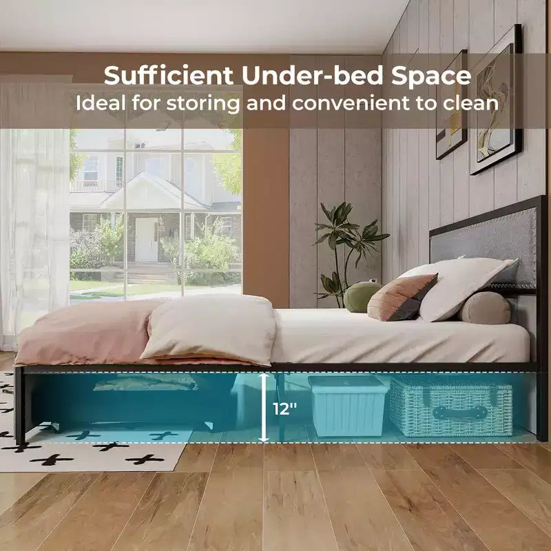 Letto a piattaforma Queen Size con luci LED RGB e 2 cassetti portaoggetti - Grigio moderno