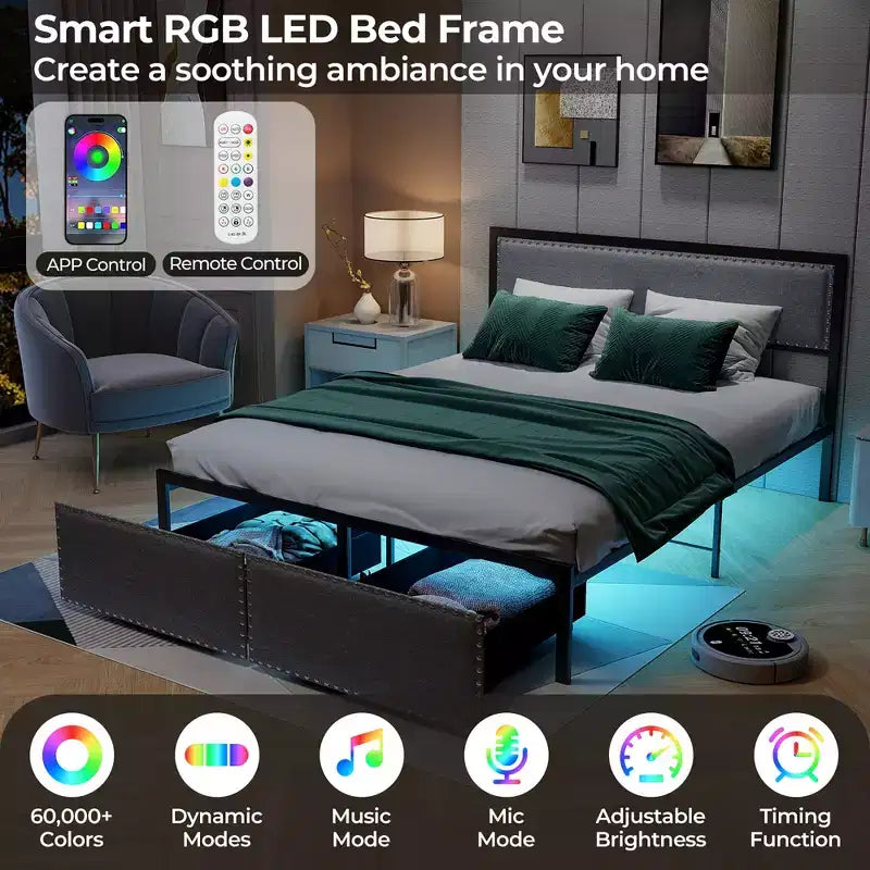 Letto a piattaforma Queen Size con luci LED RGB e 2 cassetti portaoggetti - Grigio moderno