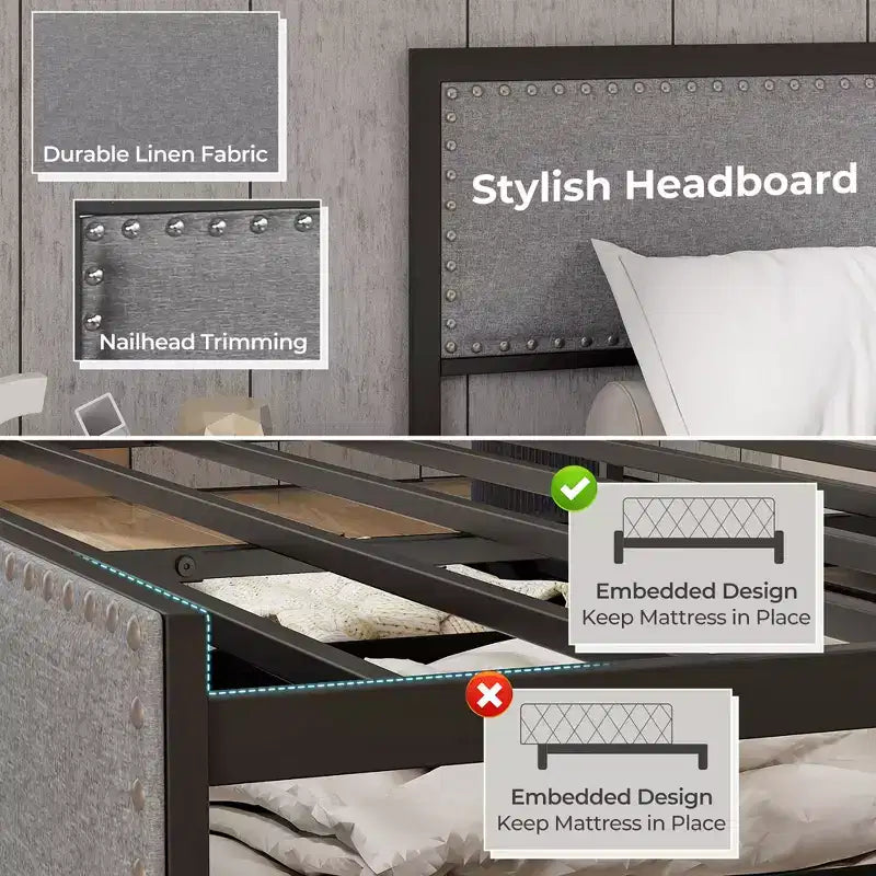 Letto a piattaforma Queen Size con luci LED RGB e 2 cassetti portaoggetti - Grigio moderno