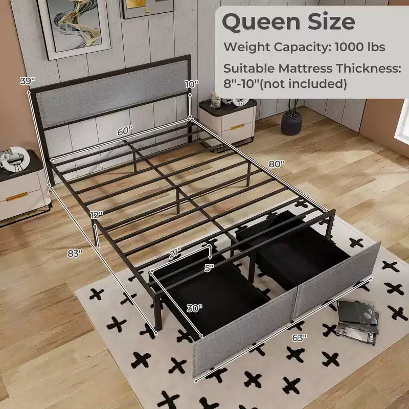 Letto a piattaforma Queen Size con luci LED RGB e 2 cassetti portaoggetti - Grigio moderno