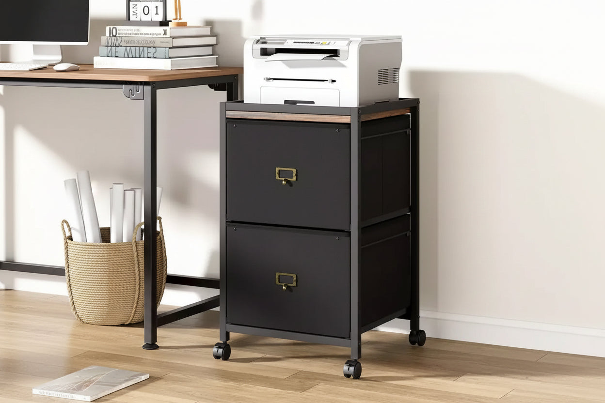 Mobile Filing Cabinet Fits Letter Size or A4, Fabric Vertical File Cabinet on Wheels, Home Office, Small Under Desk Storage Cabinet, Black