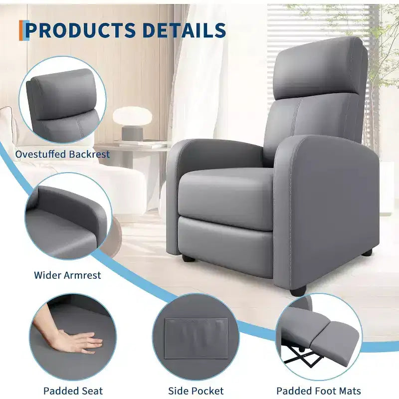 Poltrona Reclinabile per Adulti, Recliner Pigra in Pelle PU Ergonomica Regolabile, Poltrona Singola con Tasca Laterale, Schienale Alto, Braccioli Ampi e Seduta Imbottita
