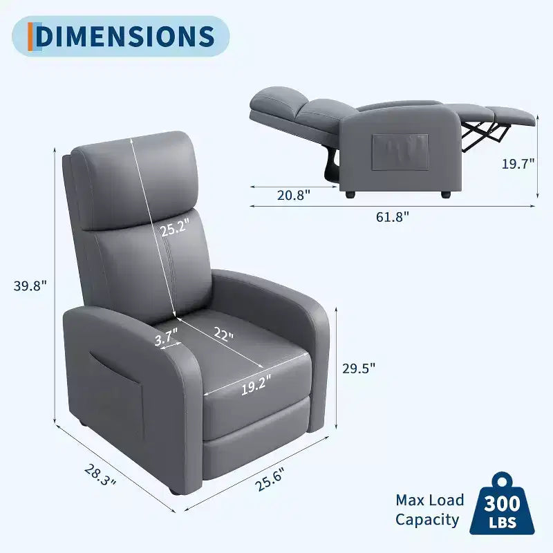 Poltrona Reclinabile per Adulti, Recliner Pigra in Pelle PU Ergonomica Regolabile, Poltrona Singola con Tasca Laterale, Schienale Alto, Braccioli Ampi e Seduta Imbottita