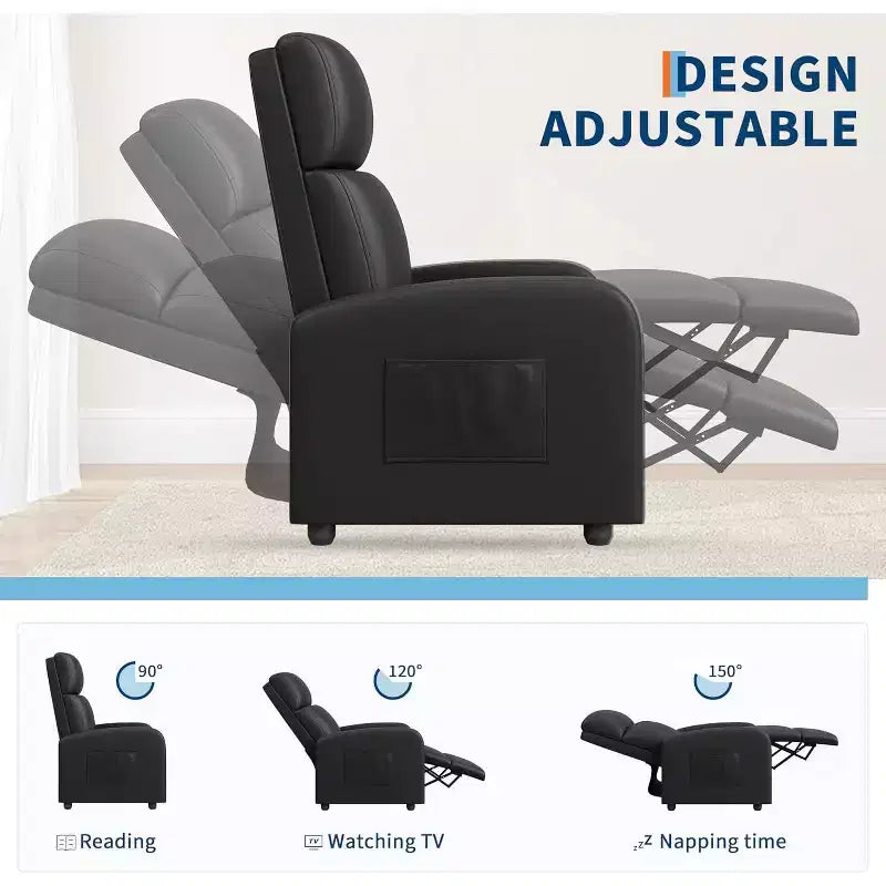 Poltrona Reclinabile per Adulti, Recliner Pigra in Pelle PU Ergonomica Regolabile, Poltrona Singola con Tasca Laterale, Schienale Alto, Braccioli Ampi e Seduta Imbottita