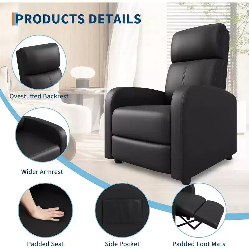 Poltrona Reclinabile per Adulti, Recliner Pigra in Pelle PU Ergonomica Regolabile, Poltrona Singola con Tasca Laterale, Schienale Alto, Braccioli Ampi e Seduta Imbottita