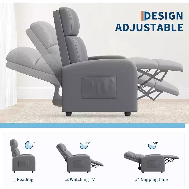 Poltrona Reclinabile per Adulti, Recliner Pigra in Pelle PU Ergonomica Regolabile, Poltrona Singola con Tasca Laterale, Schienale Alto, Braccioli Ampi e Seduta Imbottita