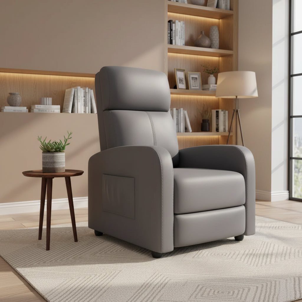 Poltrona Reclinabile per Adulti, Recliner Pigra in Pelle PU Ergonomica Regolabile, Poltrona Singola con Tasca Laterale, Schienale Alto, Braccioli Ampi e Seduta Imbottita