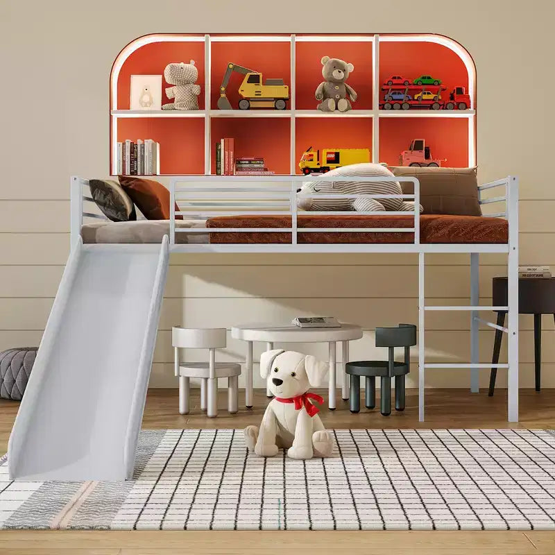 Letto a soppalco matrimoniale in metallo con scivolo, sponde di protezione e scaletta incorporata - Struttura letto bassa per bambini
