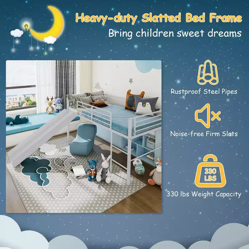 Letto a soppalco matrimoniale in metallo con scivolo, sponde di protezione e scaletta incorporata - Struttura letto bassa per bambini