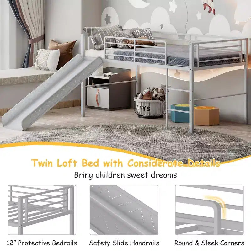 Letto a soppalco matrimoniale in metallo con scivolo, sponde di protezione e scaletta incorporata - Struttura letto bassa per bambini