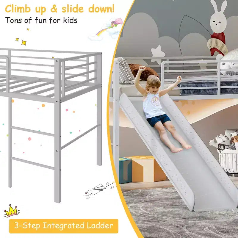 Letto a soppalco matrimoniale in metallo con scivolo, sponde di protezione e scaletta incorporata - Struttura letto bassa per bambini