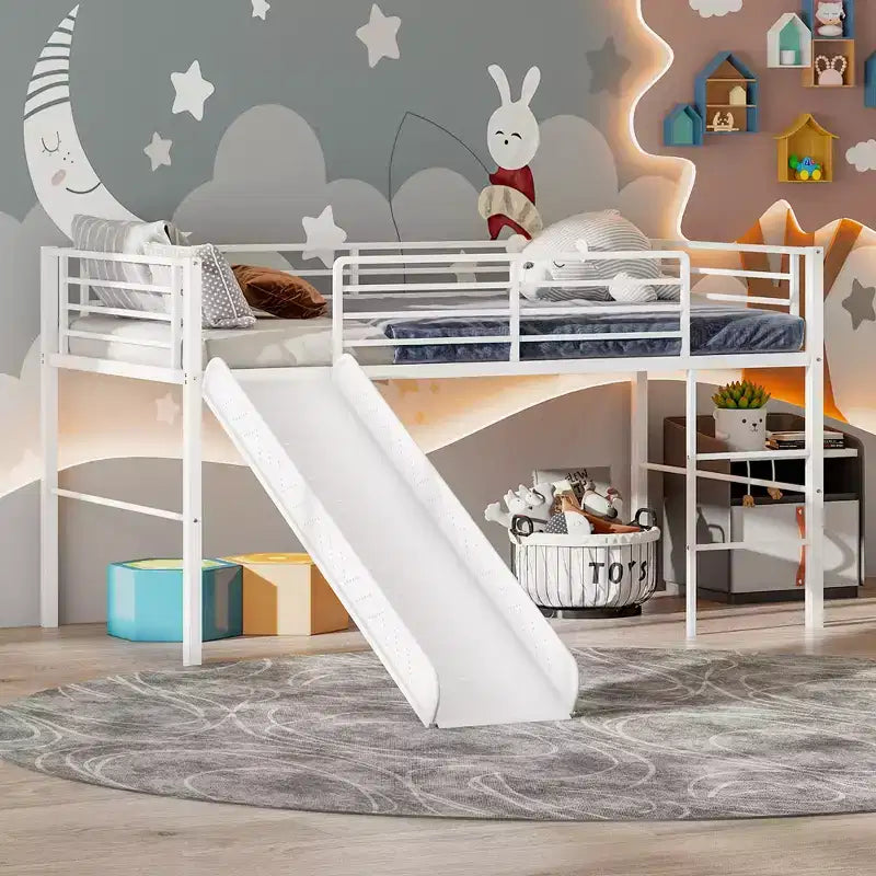 Letto a soppalco matrimoniale in metallo con scivolo, sponde di protezione e scaletta incorporata - Struttura letto bassa per bambini