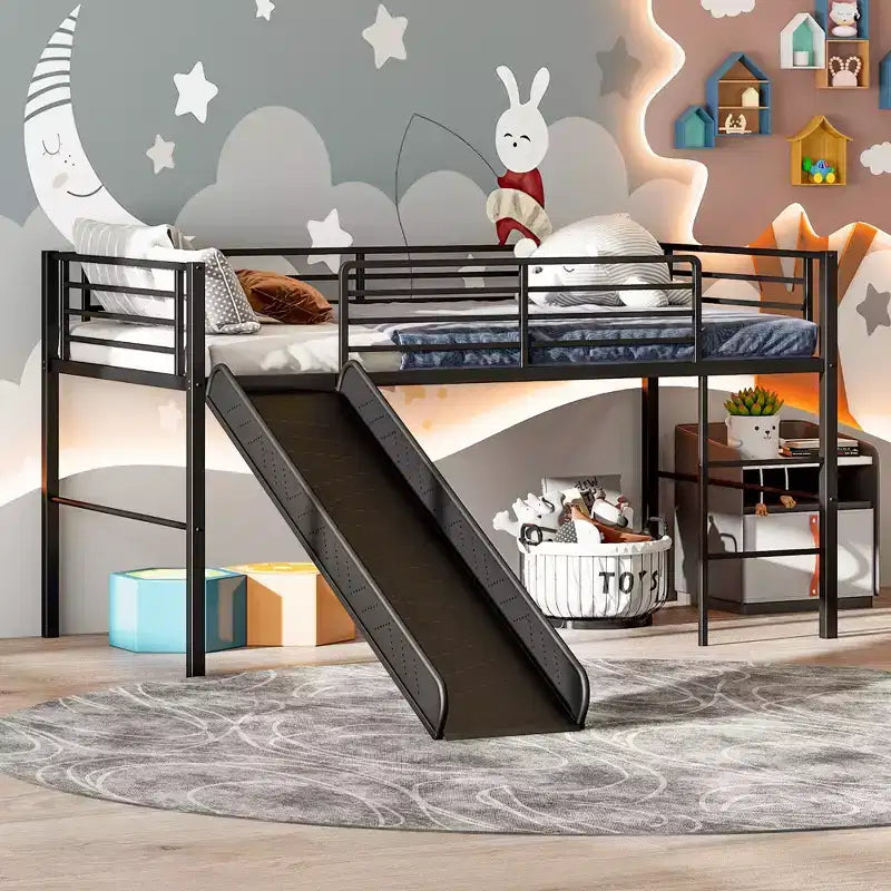 Letto a soppalco matrimoniale in metallo con scivolo, sponde di protezione e scaletta incorporata - Struttura letto bassa per bambini