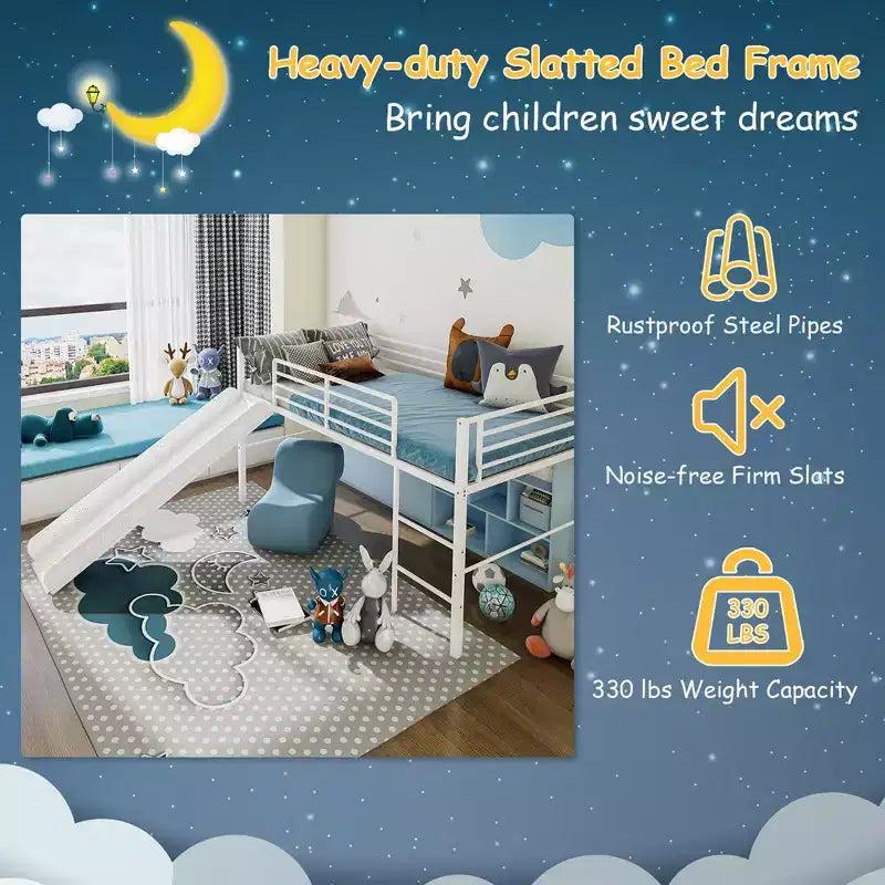 Letto a soppalco matrimoniale in metallo con scivolo, sponde di protezione e scaletta incorporata - Struttura letto bassa per bambini
