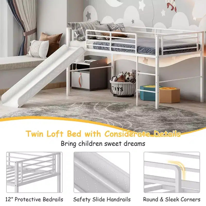 Letto a soppalco matrimoniale in metallo con scivolo, sponde di protezione e scaletta incorporata - Struttura letto bassa per bambini