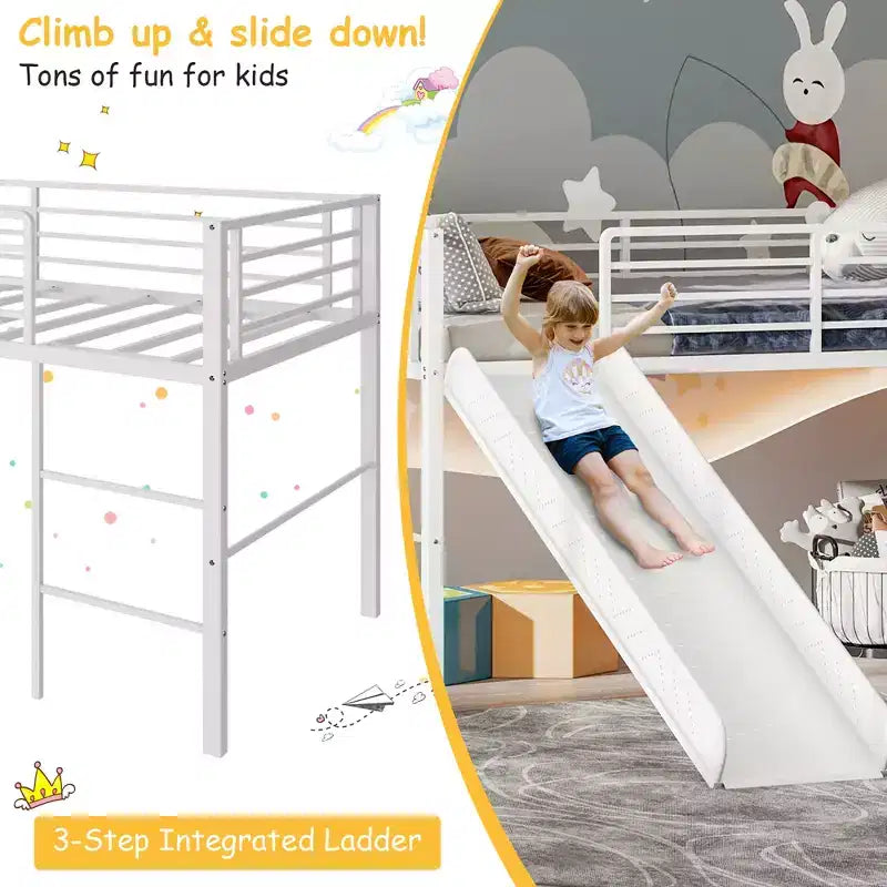 Letto a soppalco matrimoniale in metallo con scivolo, sponde di protezione e scaletta incorporata - Struttura letto bassa per bambini