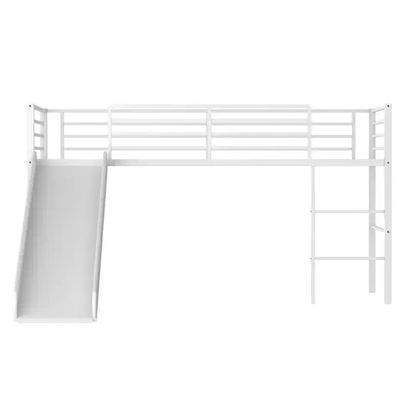 Letto a soppalco matrimoniale in metallo con scivolo, sponde di protezione e scaletta incorporata - Struttura letto bassa per bambini