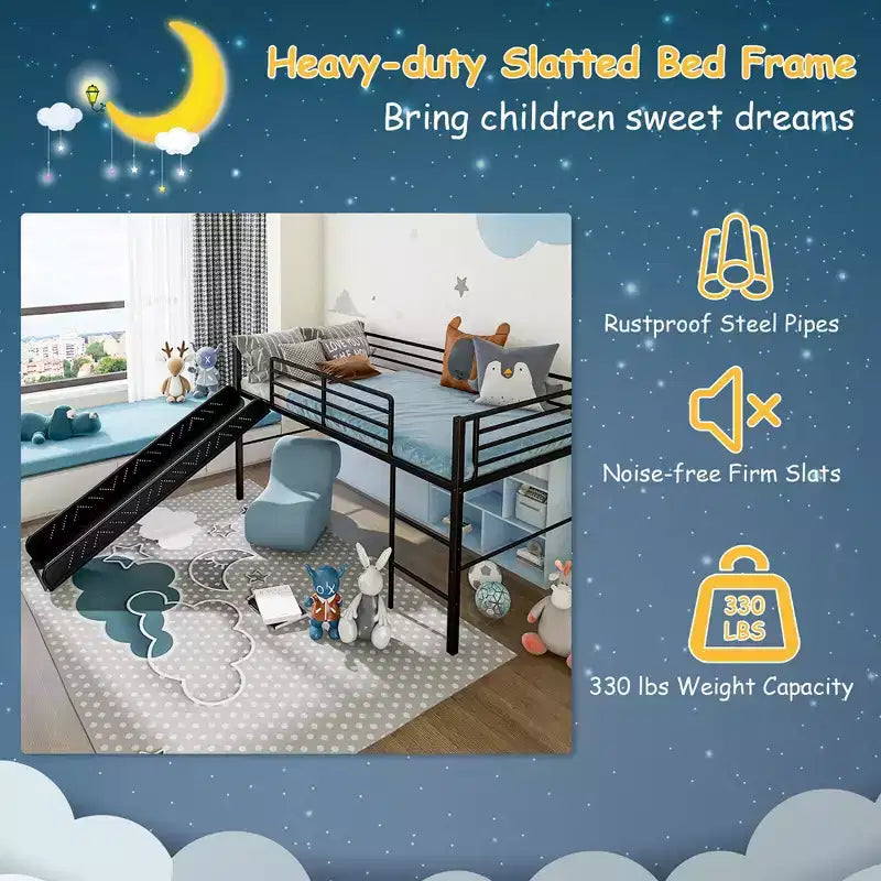 Letto a soppalco matrimoniale in metallo con scivolo, sponde di protezione e scaletta incorporata - Struttura letto bassa per bambini