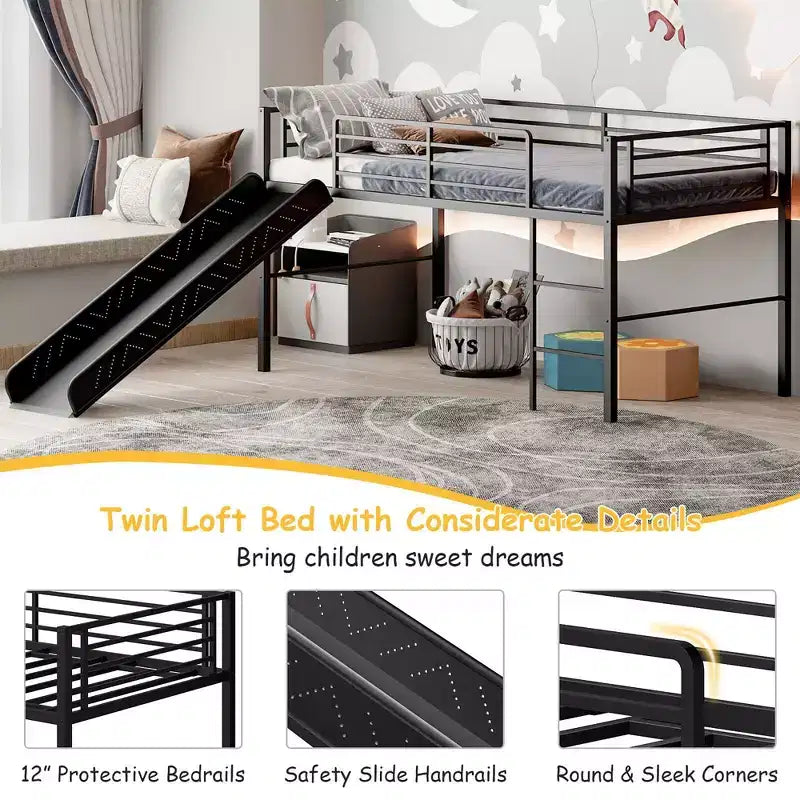 Letto a soppalco matrimoniale in metallo con scivolo, sponde di protezione e scaletta incorporata - Struttura letto bassa per bambini