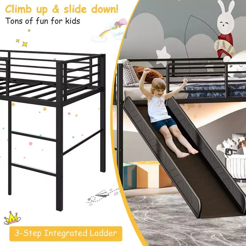 Letto a soppalco matrimoniale in metallo con scivolo, sponde di protezione e scaletta incorporata - Struttura letto bassa per bambini