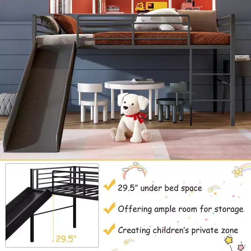 Letto a soppalco matrimoniale in metallo con scivolo, sponde di protezione e scaletta incorporata - Struttura letto bassa per bambini