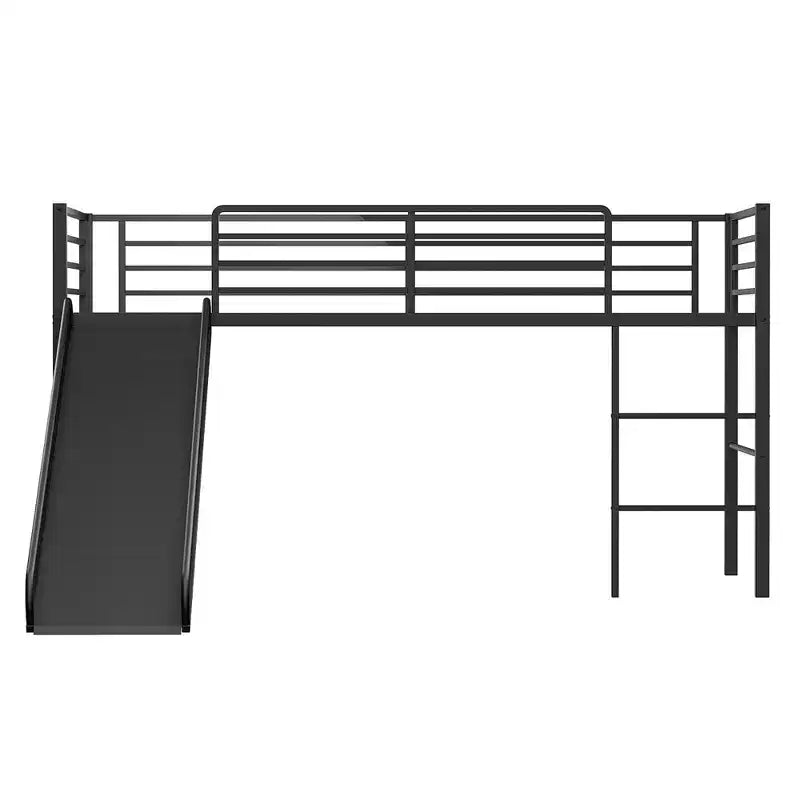 Letto a soppalco matrimoniale in metallo con scivolo, sponde di protezione e scaletta incorporata - Struttura letto bassa per bambini
