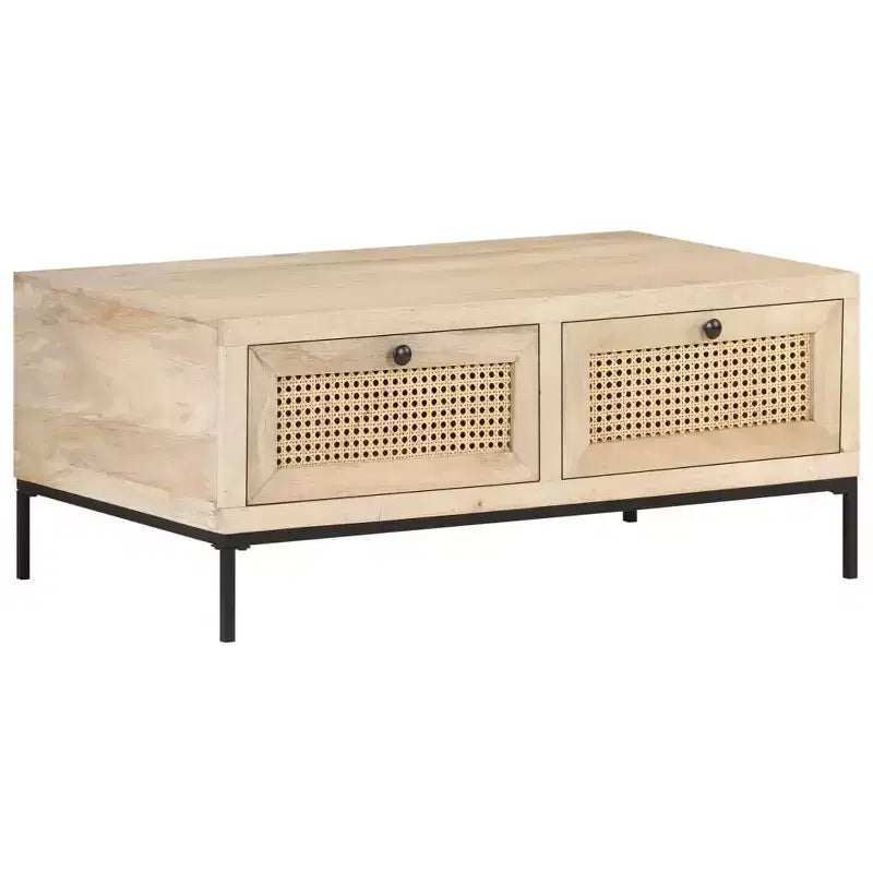 Tavolino da Salotto in Legno Massello di Mango con Cassetti in Rattan Naturale - 89,9 cm L x 50 cm P x 37,1 cm H
