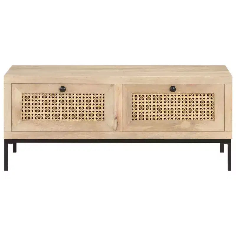 Tavolino da Salotto in Legno Massello di Mango con Cassetti in Rattan Naturale - 89,9 cm L x 50 cm P x 37,1 cm H