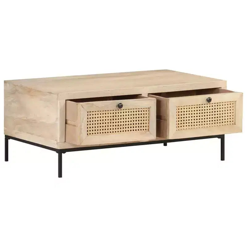 Tavolino da Salotto in Legno Massello di Mango con Cassetti in Rattan Naturale - 89,9 cm L x 50 cm P x 37,1 cm H