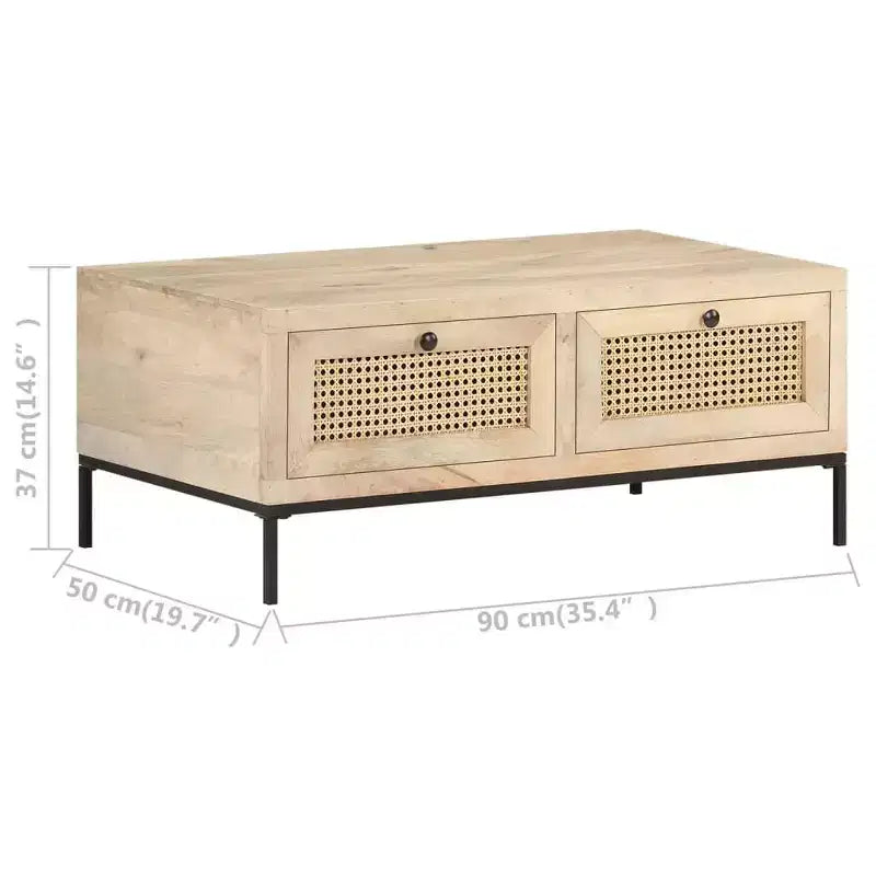 Tavolino da Salotto in Legno Massello di Mango con Cassetti in Rattan Naturale - 89,9 cm L x 50 cm P x 37,1 cm H