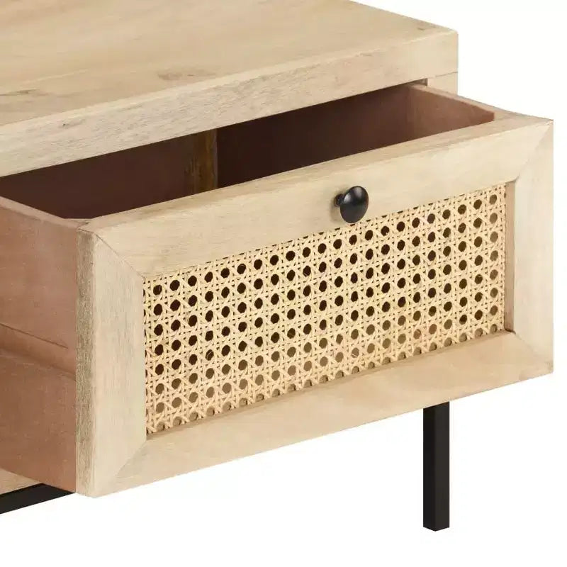 Tavolino da Salotto in Legno Massello di Mango con Cassetti in Rattan Naturale - 89,9 cm L x 50 cm P x 37,1 cm H
