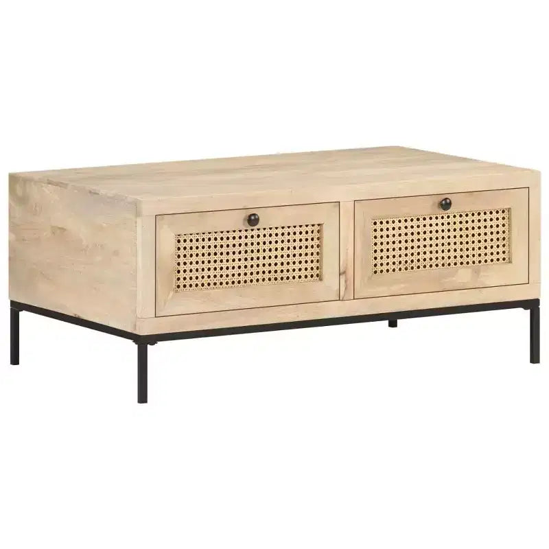 Tavolino da Salotto in Legno Massello di Mango con Cassetti in Rattan Naturale - 89,9 cm L x 50 cm P x 37,1 cm H