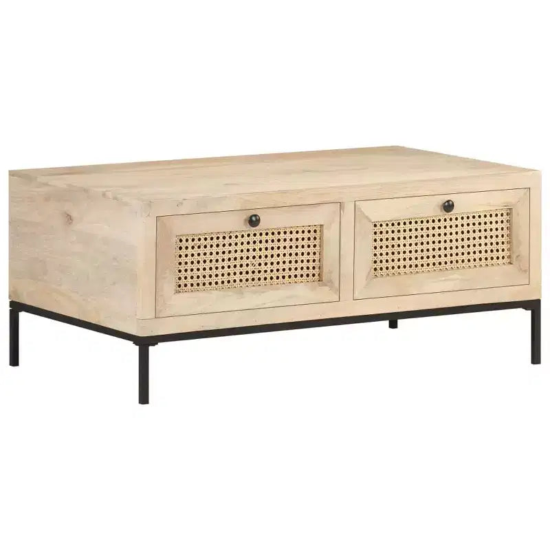 Tavolino da Salotto in Legno Massello di Mango con Cassetti in Rattan Naturale - 89,9 cm L x 50 cm P x 37,1 cm H