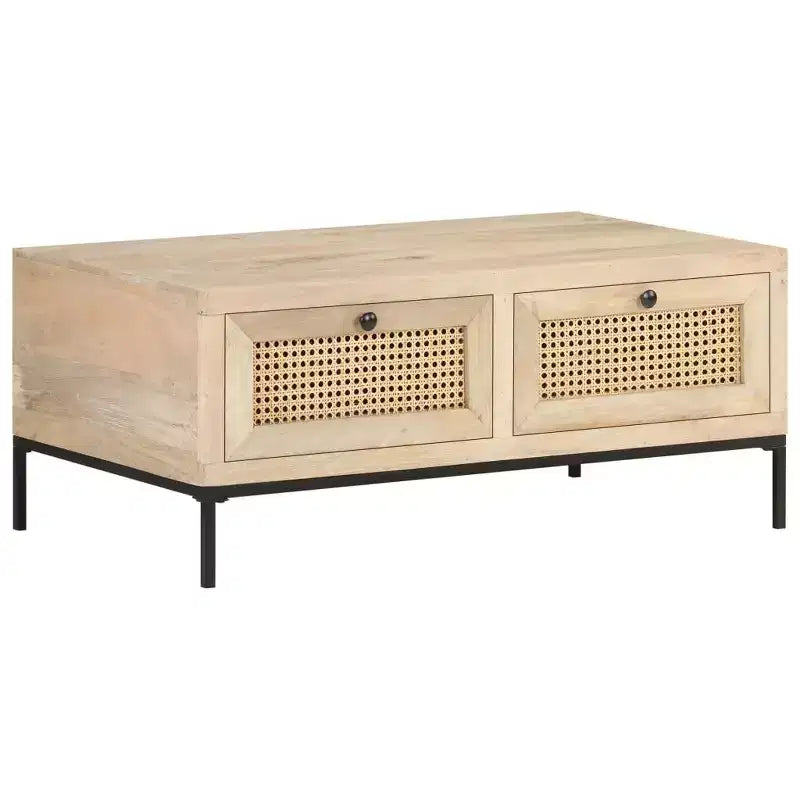 Tavolino da Salotto in Legno Massello di Mango con Cassetti in Rattan Naturale - 89,9 cm L x 50 cm P x 37,1 cm H