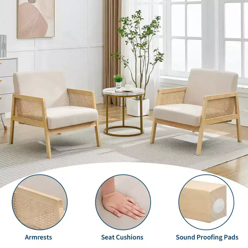 Set di 2 moderne poltrone lounge imbottite con gambe in legno - Lino, dettagli in tessuto