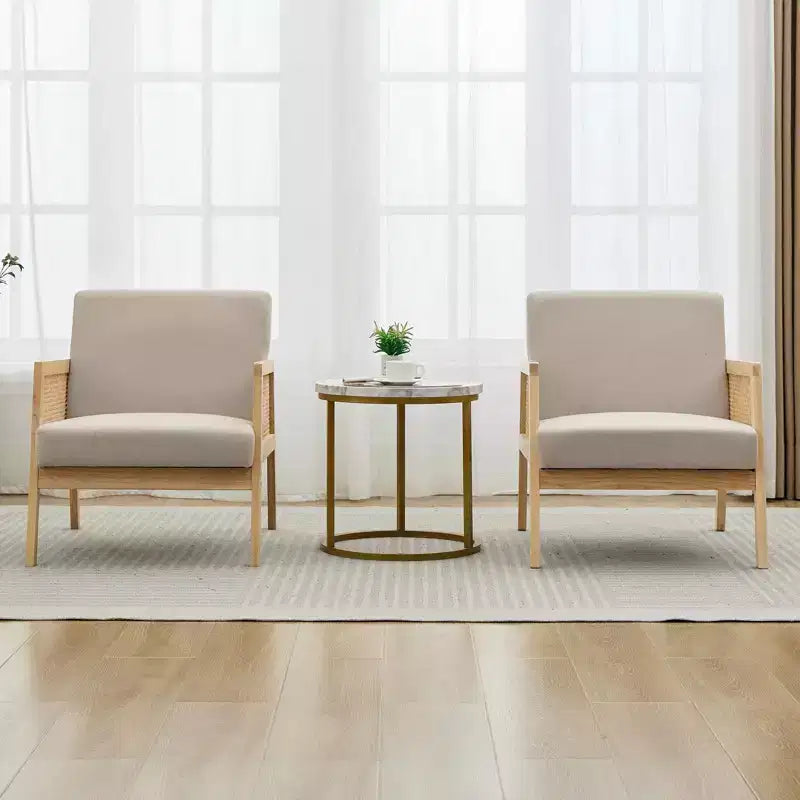 Set di 2 moderne poltrone lounge imbottite con gambe in legno - Lino, dettagli in tessuto