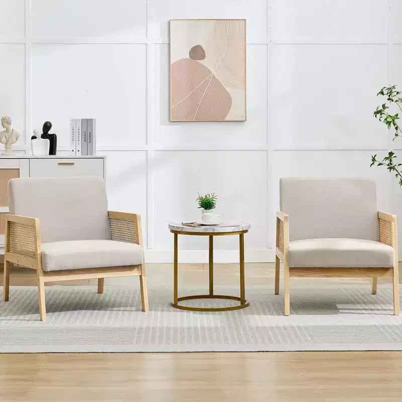 Set di 2 moderne poltrone lounge imbottite con gambe in legno - Lino, dettagli in tessuto