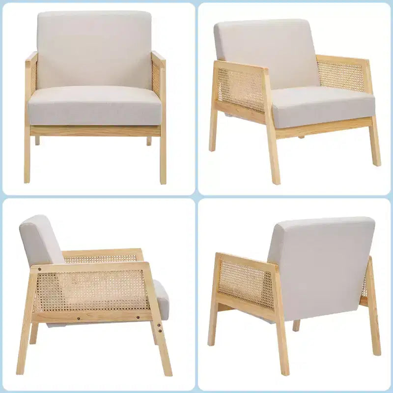 Set di 2 moderne poltrone lounge imbottite con gambe in legno - Lino, dettagli in tessuto