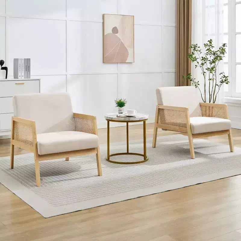 Set di 2 moderne poltrone lounge imbottite con gambe in legno - Lino, dettagli in tessuto