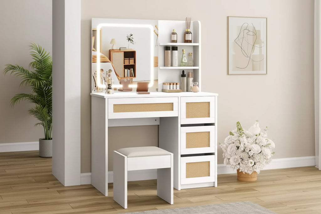 Rattan Vanity with Mirror, White & Gold Makeup Vanity Desk, 4 Drawers, 2 Open Shelves, Large Storage Dressing Table for Bedroom
