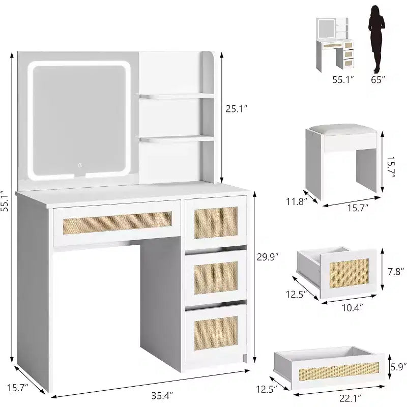 Toeletta in Rattan con Specchio, Mobile Trucco Bianco e Oro, 4 Cassetti, 2 Ripiani Aperti, Grande Tavolo da Trucco per Camera da Letto