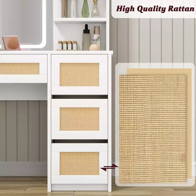 Toeletta in Rattan con Specchio, Mobile Trucco Bianco e Oro, 4 Cassetti, 2 Ripiani Aperti, Grande Tavolo da Trucco per Camera da Letto